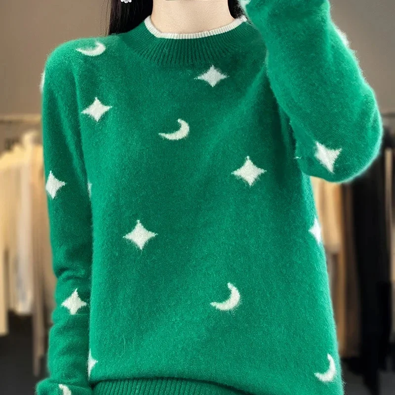 2024 Autumn and Winter New style Cashmere Sweater Women's Clothing O-Neck Pullover 100% Merino Wool Jacquard Top Fashion Korean