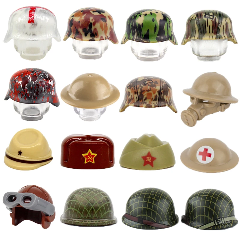 WW2 الولايات المتحدة السوفياتي البريطانية الألمانية الجندي أرقام خوذة الملحقات العسكرية اللبنات SWAT قبعة الشرطة WW1 سلاح الطوب اللعب