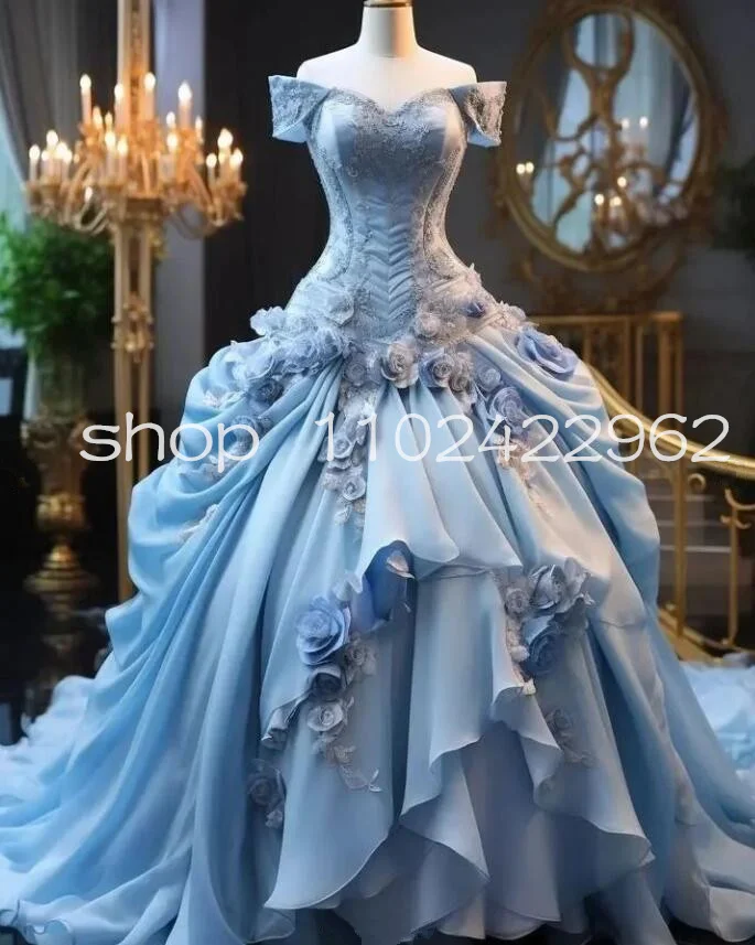 Customized  Fairy Victorian Prom Dresses Off Shoulder 3D Floral Ruffles Bustle Ruched Fantastic Evening Gown Costume Movie