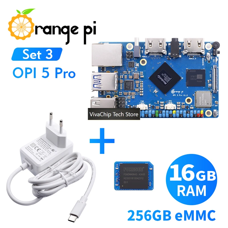 VivaCTOrange Pi 5 Pro 16GB+256GB EMMC Module+5V5A Type-C Power Supply, DDR5 Rockchip RK3588S Gigabit Ethernet WiFi+BT BLE Mini P