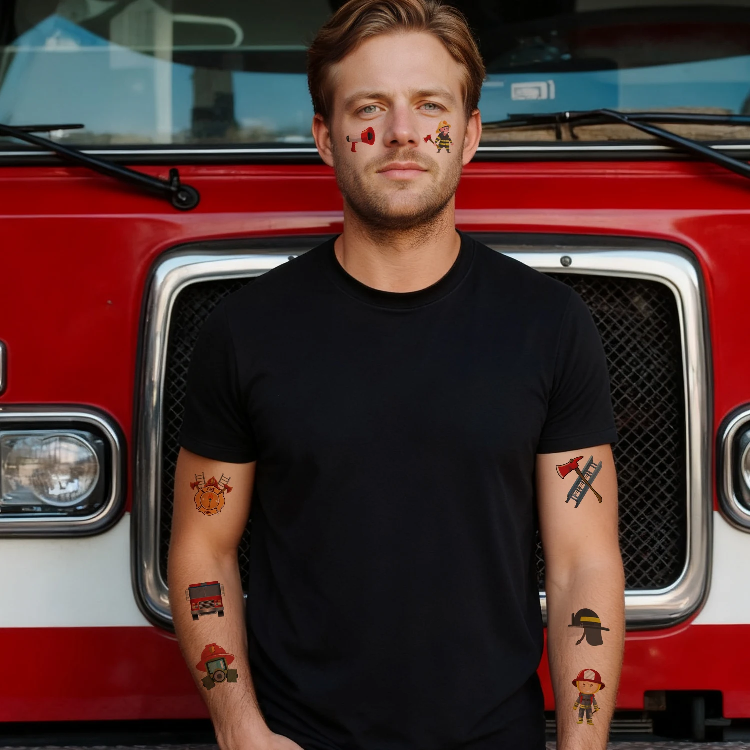 10 Sheets Firefighter Firetruck Pre-Cut Temporary Tattoos for Kids | Super Cute Themed Birthday Party Favors, Supplies