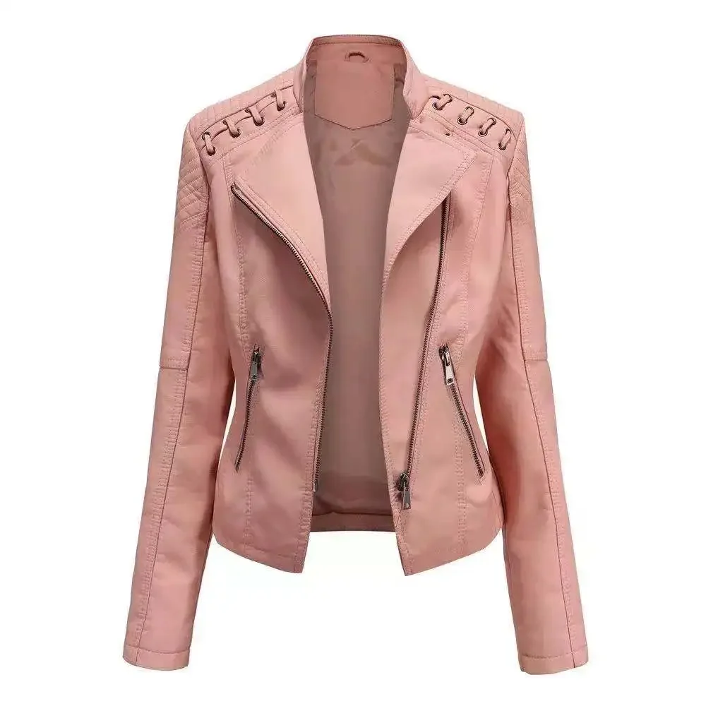 New 2024Turn-down Collar PU faux Leather Jackets Women Luxury Jacket Black Pink Red Biker Coat