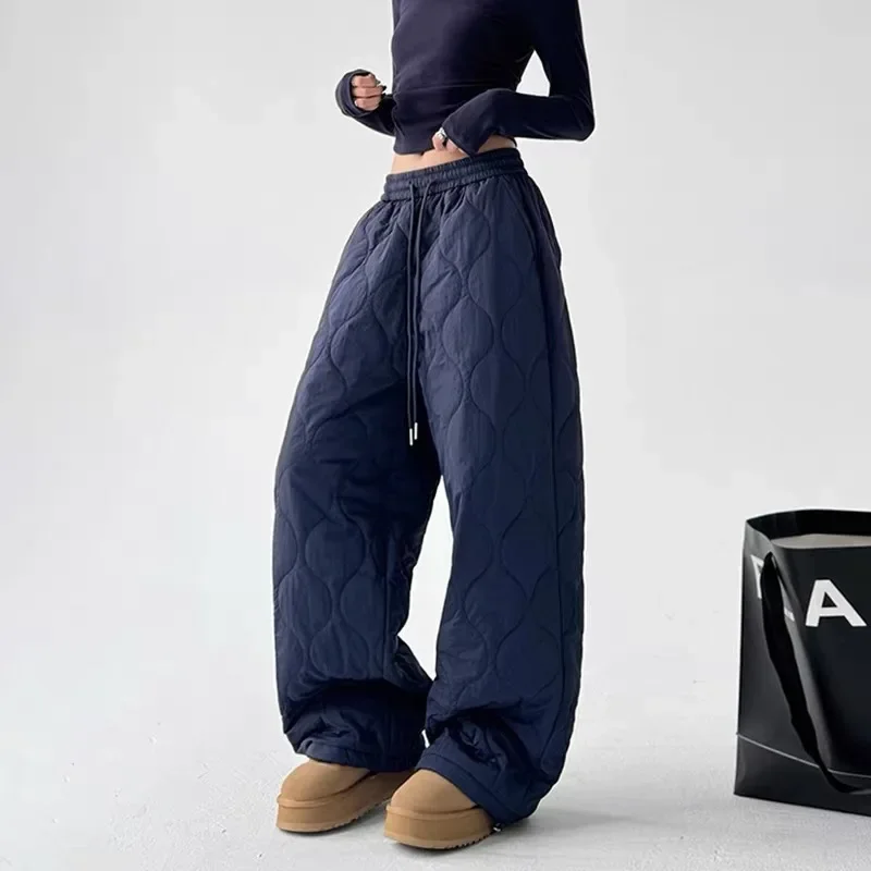 Womens Winter Warm Stitched Cotton Pants Casual Loose Quilted Padded Trousers Elastic High Waist Drawstring Pants
