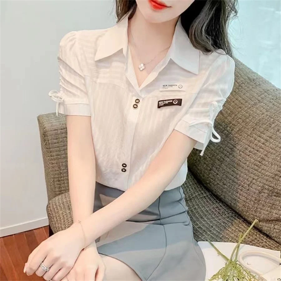 Woman Summer Style Blouses Shirts Lady Casual Short Sleeve Turn-down Collar Solid Color Blusas Tops DF4392