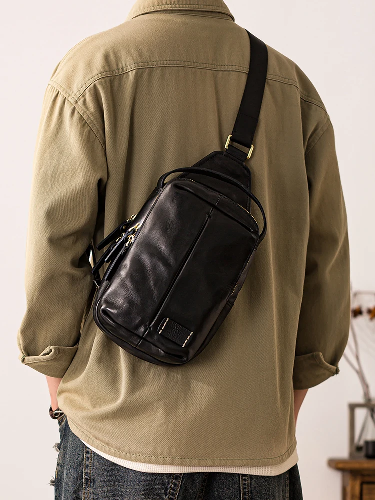 fashion outdoor sports genuine leather men's black chest bag Organizers designers handmade cow leather motorcycle crossbody bag