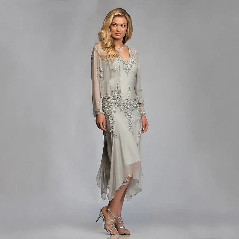 

Silver Chiffon Mother of the Bride Groom Dresses with Jackets 2024 for Summer Wedding Party Gowns Tea Length Lace Godmother