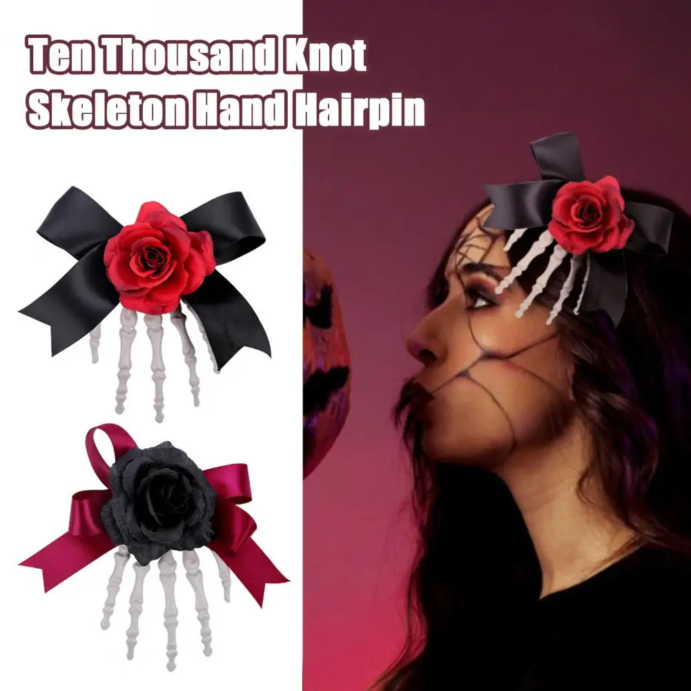 Hair Ornament Dark Style Halloween Hair Pin Skeleton Hand Frame with Artificial Rose Flower Bow Decoration Spooky Hair for A