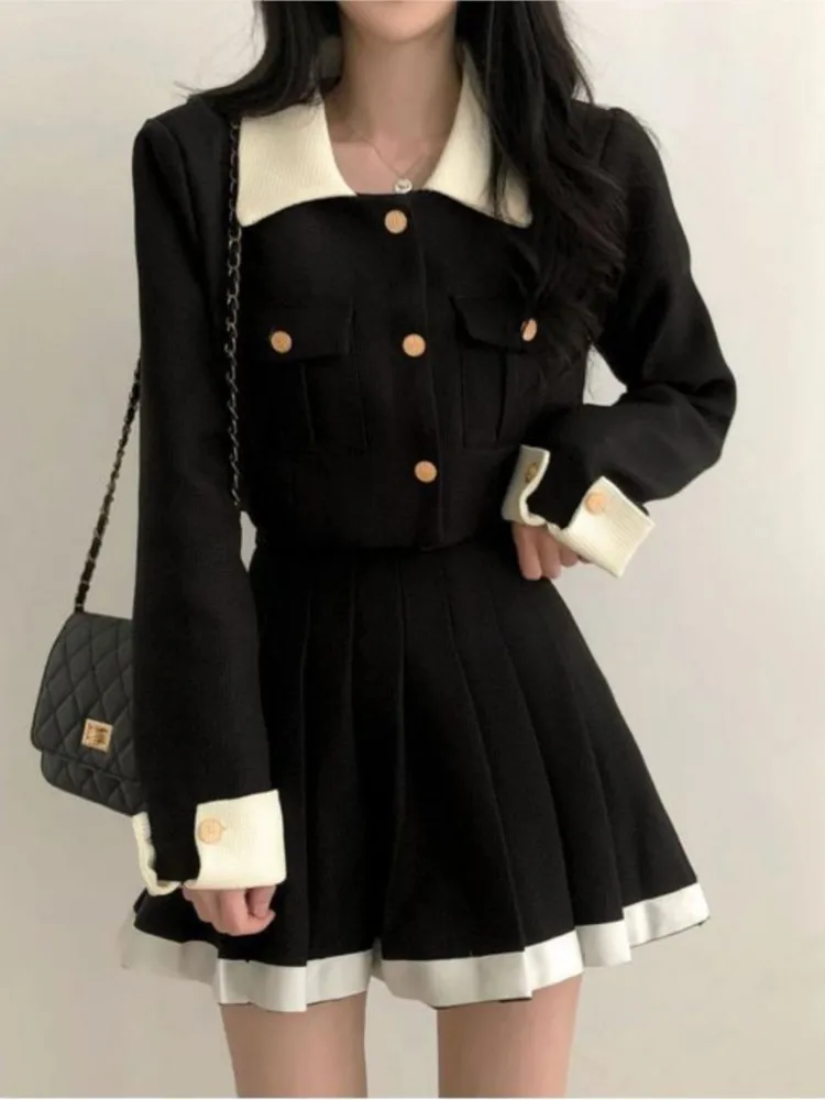 Elegant Women Skirts Suit Vintage Single Bresated Jackets Pleated Mini Skirts Two Pieces Set Korean Fashion Female Chic Clothes