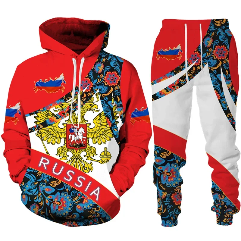 Autumn Winter Russian Flag 3D Print Hoodie+Pants Sets Men Women Two Piece Sets Russia National Emblem Casual Tracksuit Oversize