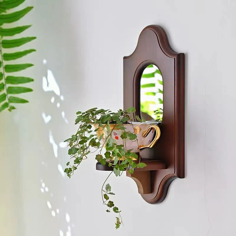 Vintage Wall Mirror with Shelf Solid Wood Aromatherapy Candlestick Holder Hanging Decor Decorative Wall Rack for Living Room