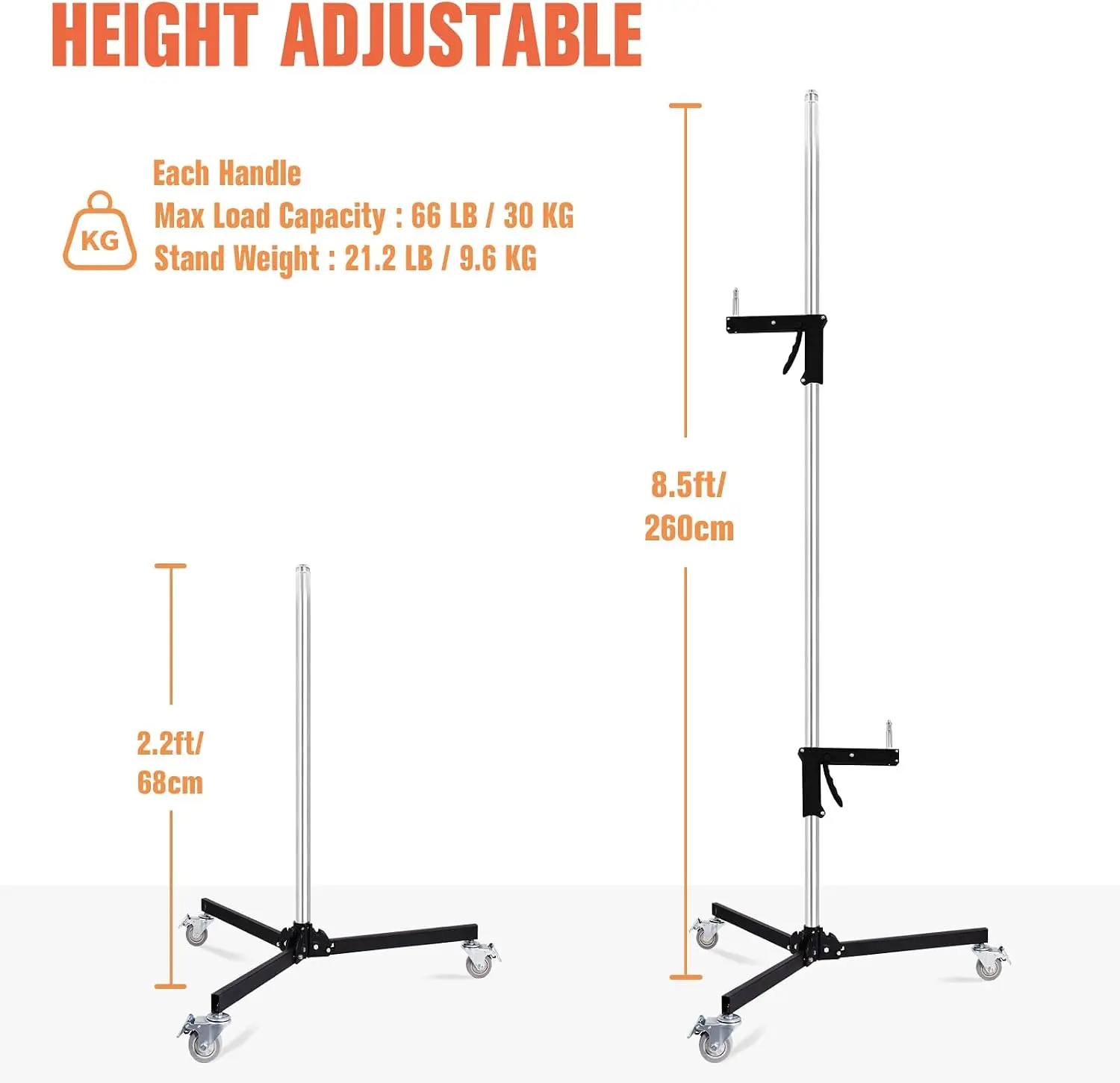 Wheeled Heavy-Duty Photography Light Stand with Casters, 8.5FT Adjustable Steel Pistol Grip Stand with 2 Grips, 1/4