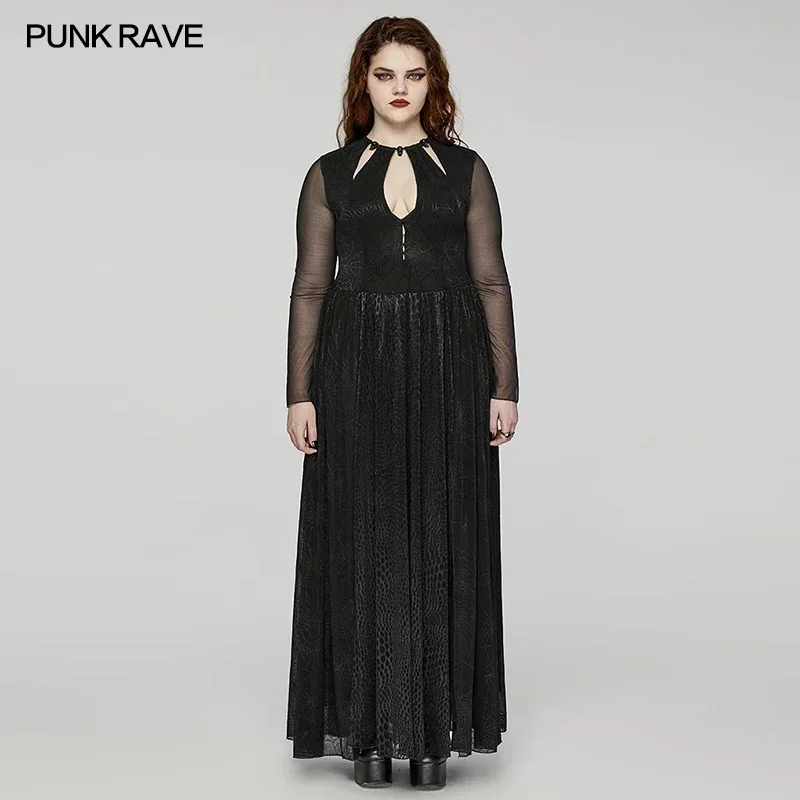 PUNK RAVE Women's Gothic Sexy Hollow- Out Deep V Hollow-out Dress Glossy Spider Web & Python Patterned Mesh Party Long Dresses