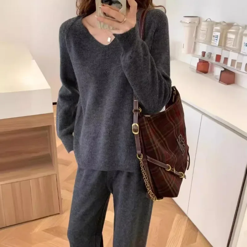 

Casual Loose Knitted 2-piece Set Autumn/Winter Women's Set New V-neck Solid Long Sleeve SKinny Elastic Waist Wide Leg Pants Set