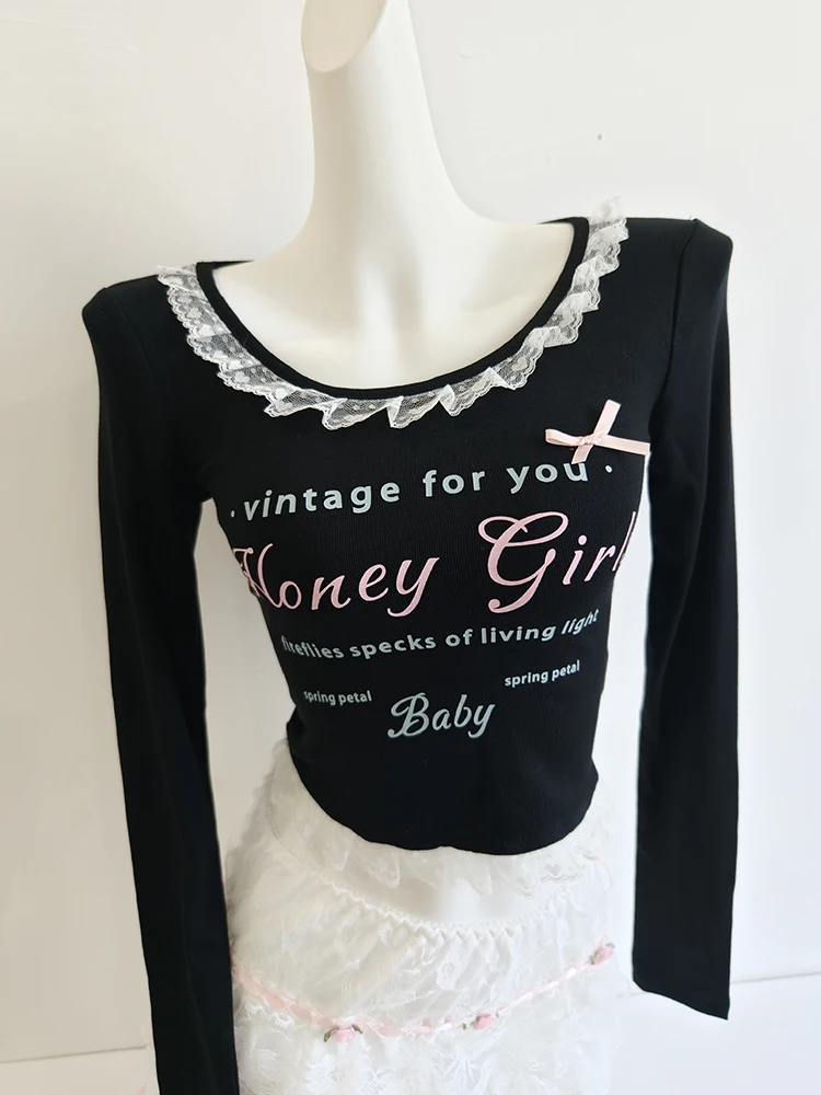 

Cute Tops Women Autumn Long Sleeve Lace Trim Tee for Sweet Girls Harajuku T-Shirts Kawaii Clothes