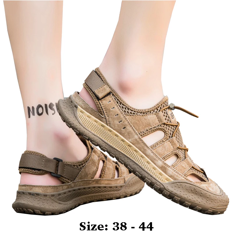 

High quality leather flat sandals for men round toes new summer 2025 size 38 44 casual outdoor walking big size shoe grey khaki