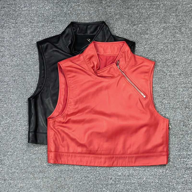 

Faionable ort Svel Leather eepskin Vest Women's Stand Collar Commute Sle Zipper Pure Color Autumn New Arrival