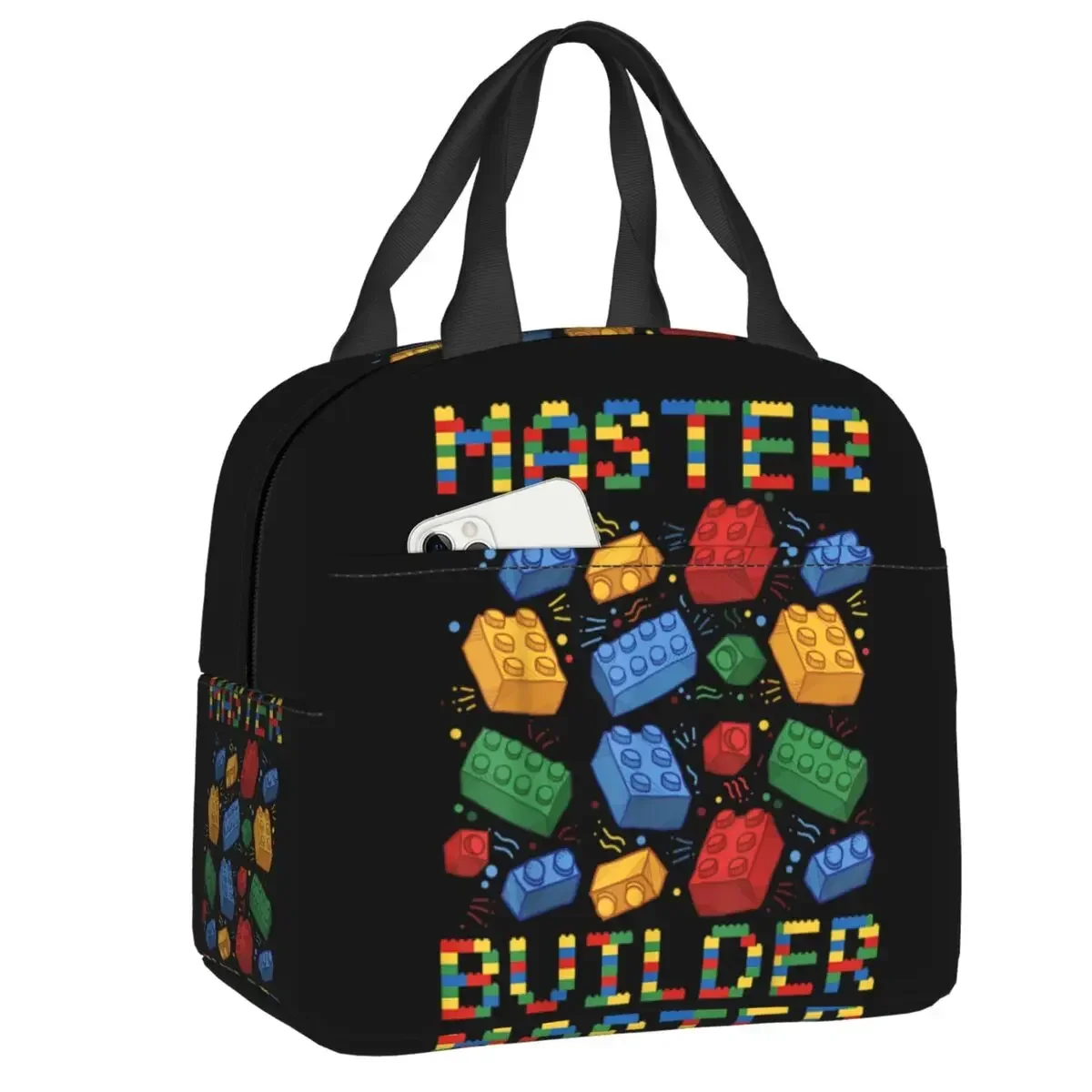 Custom Brick Builder Blocks Master Builder Insulated Lunch Tote Bag for Women Resuable Cooler Thermal Food Lunch Box Children