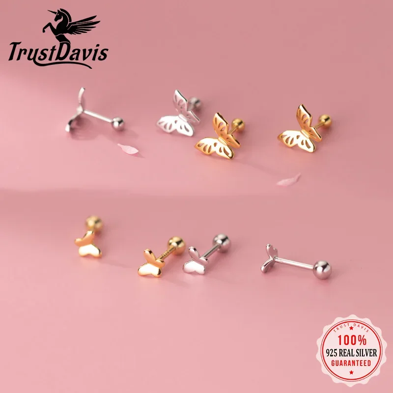 TrustDavis Real 925 Sterling Silver Fashion Insect Butterfly Bead Screw Stud Earrings For Women Wedding Fine Jewelry DA2464