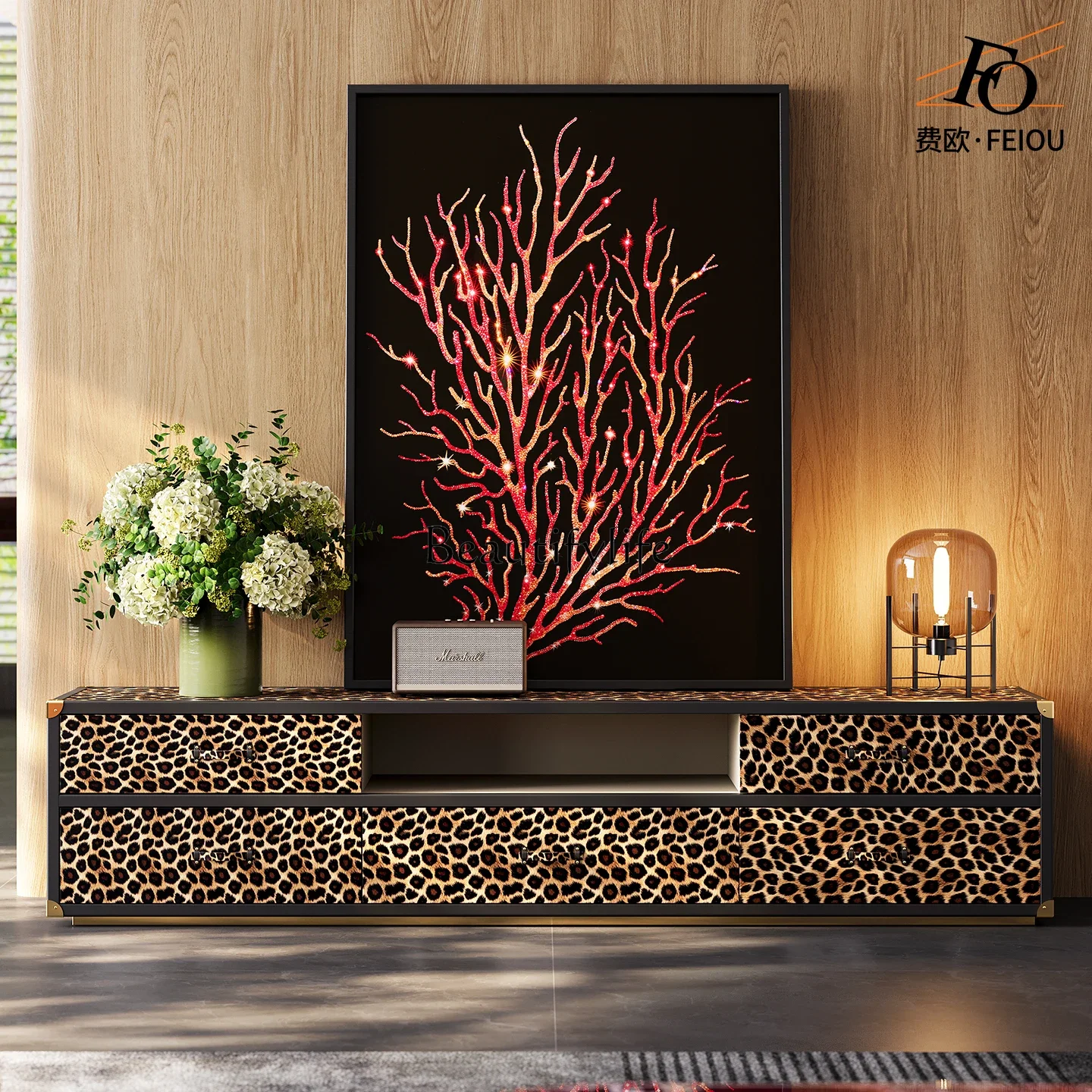 

13Light luxury TV cabinet Modern Italian high-end leopard print milk cowhide floor cabinet