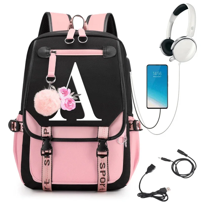 School Backpacks Trend Cherry Blossom Black Gradient Pink 26 A-Z Alphabet Street Trend Sakura Fashion Zipper Aesthetic Backpack