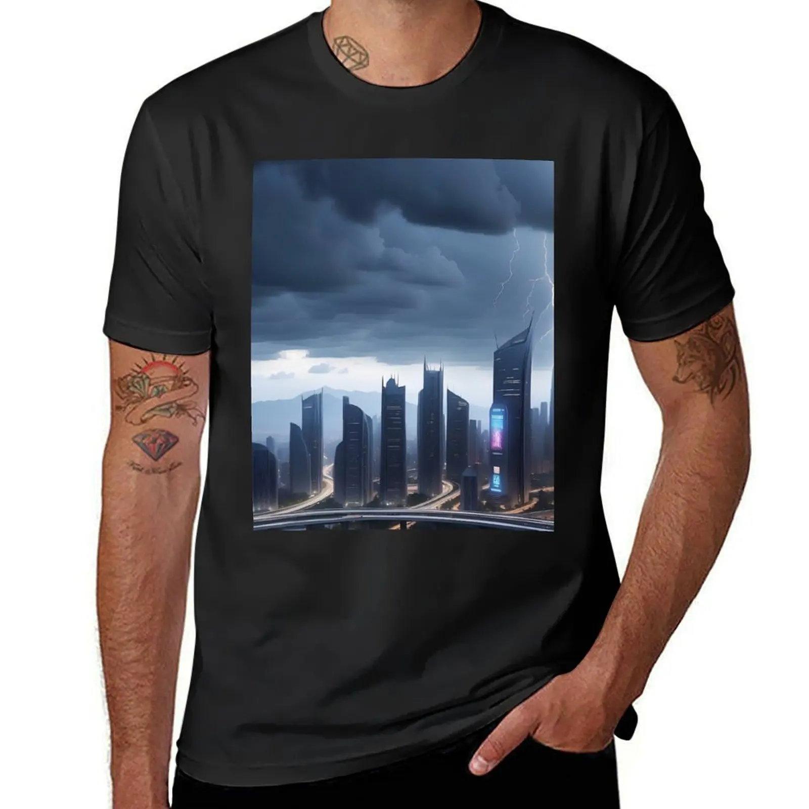 Stormy cityscape, lightning illuminates towering, futuristic skyscrapers T-Shirt graphics summer clothes tops men workout shirt