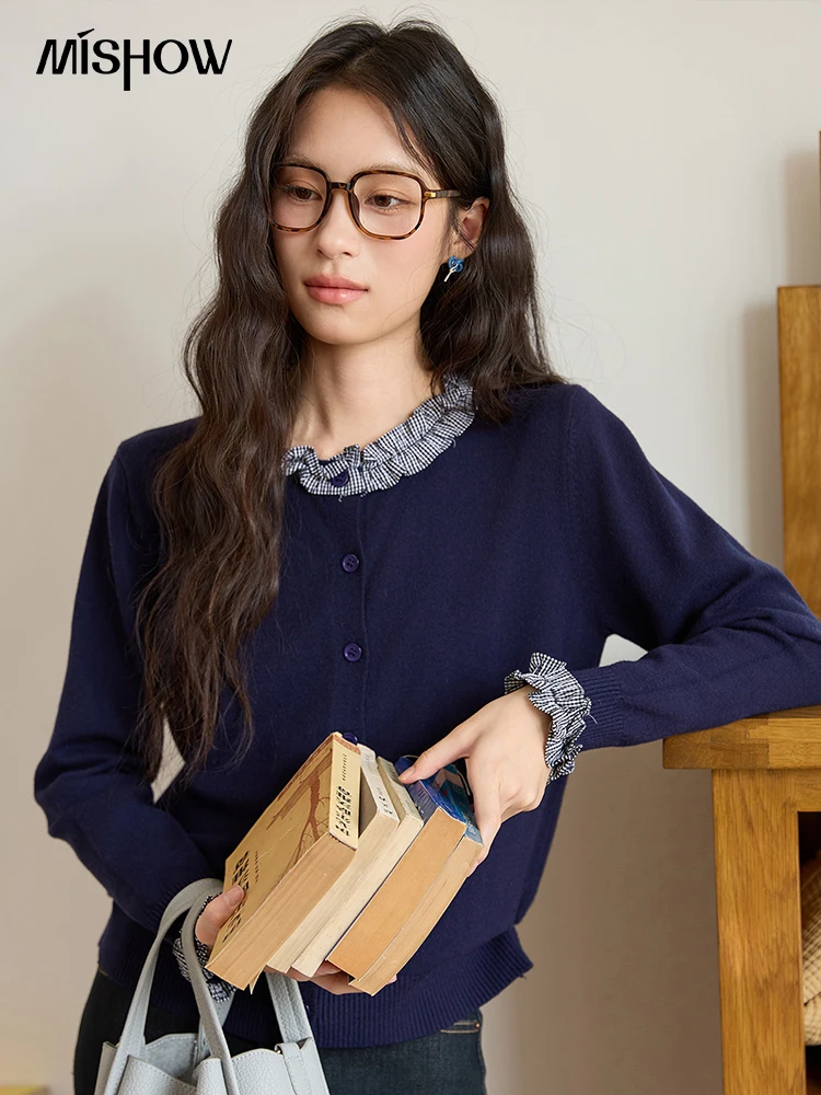 

MISHOW женский кардиган, осень 2022, однотонный клетчатый вязаный кардиган в стиле ретро с рюшами и круглым вырезом, офисная женская свободная верхняя одежда MXE46Z2543