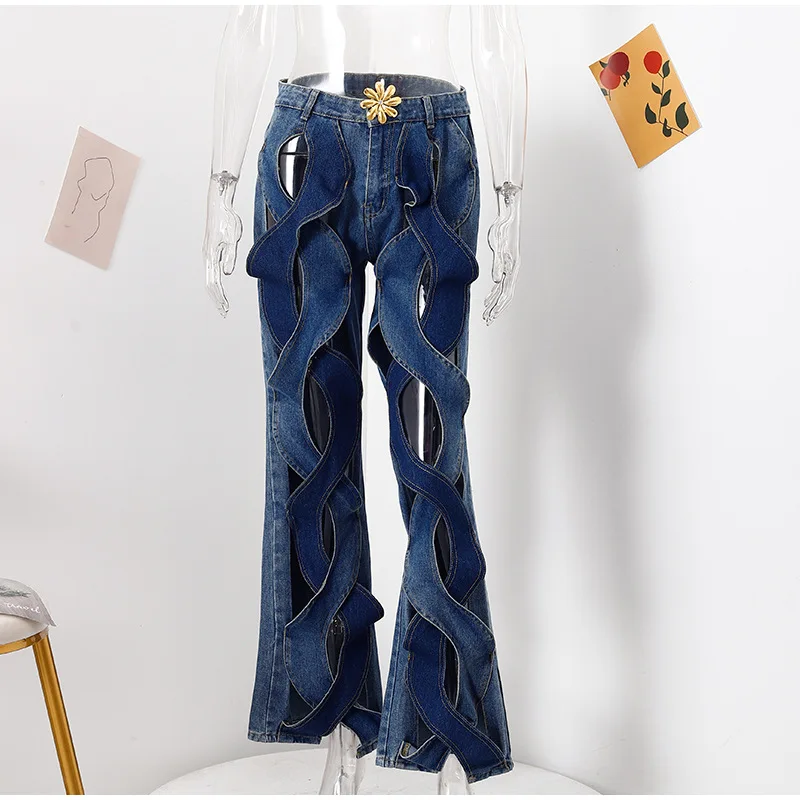 Street hollow cross straight flared jeans 2023 INS fashion wide-leg women's casual denim trousers free shipping