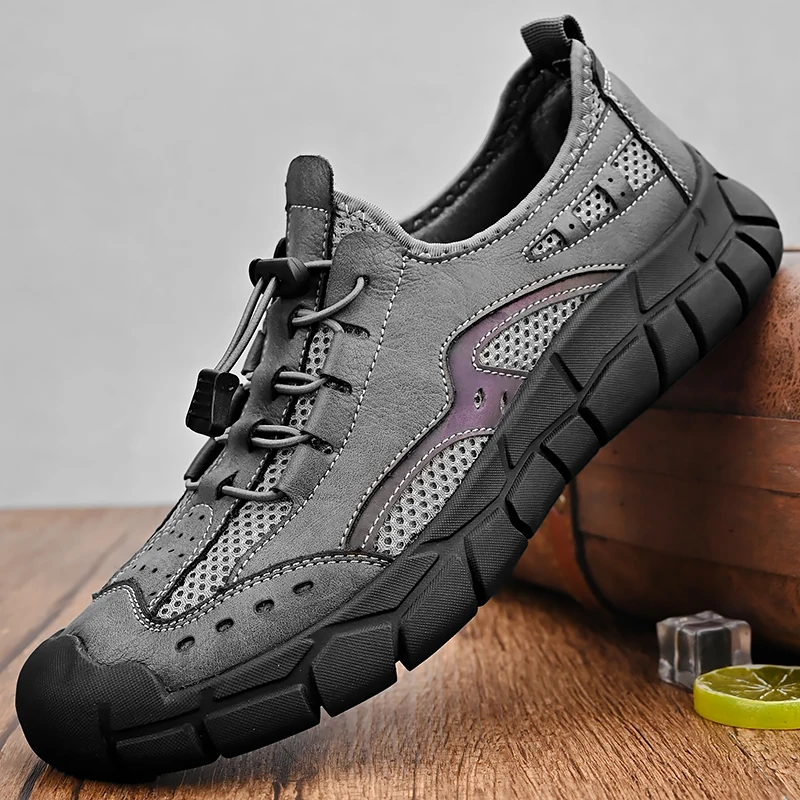 

Men's outdoor mesh shoes 2026 summer new breathable fly woven spliced leather design with drawstring strap for convenient on and