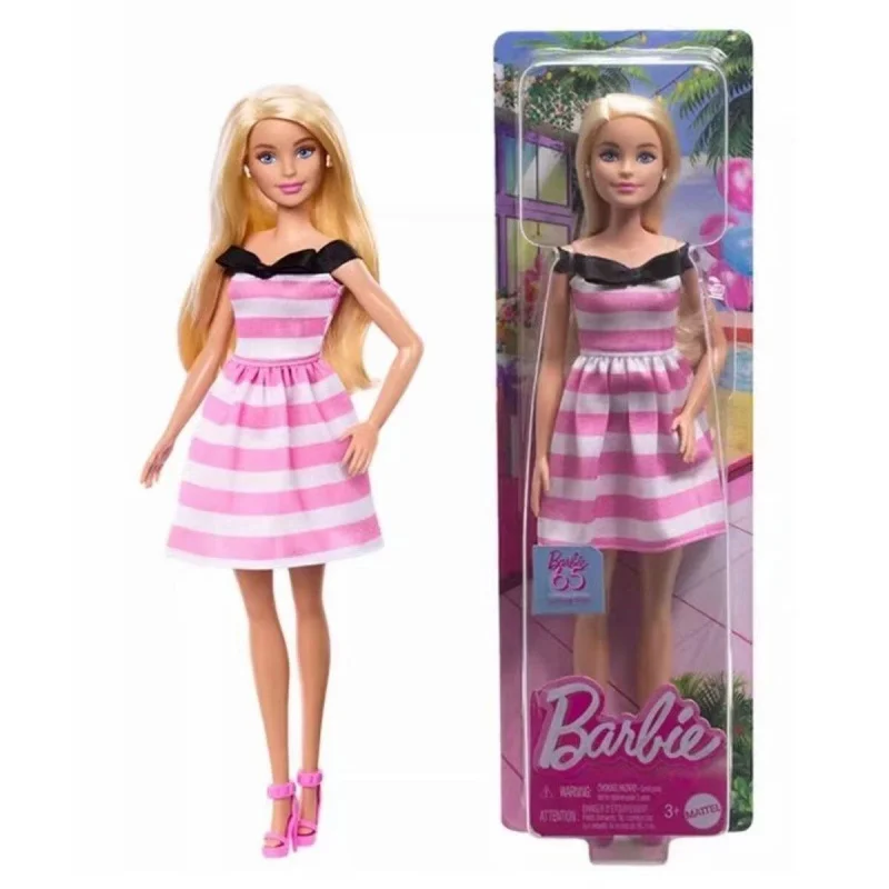 

Barbie Fashion Doll Brunette Wavy Hair Chic Pink Gingham Halter Dress Black Bow Anniversary Collection Collectible Figure Gift