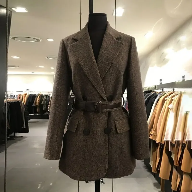 Women's Autumn Winter Vintage Casual Herringbone Thick Tweed Blazer Suit  Coat Solid Strip  Tie-up   