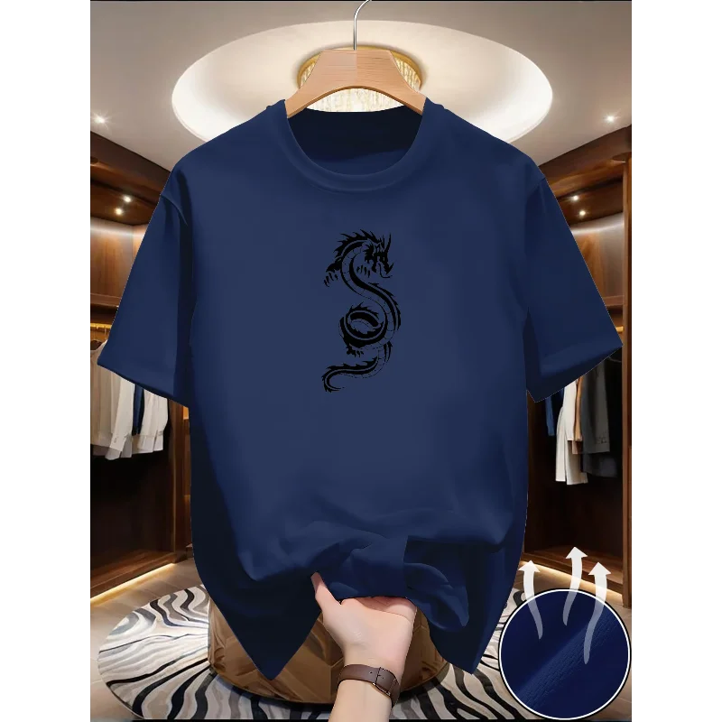 New men's running T-shirt, black dragon patterned thin T-shirt, quick drying short sleeved breathable sports T-shirt