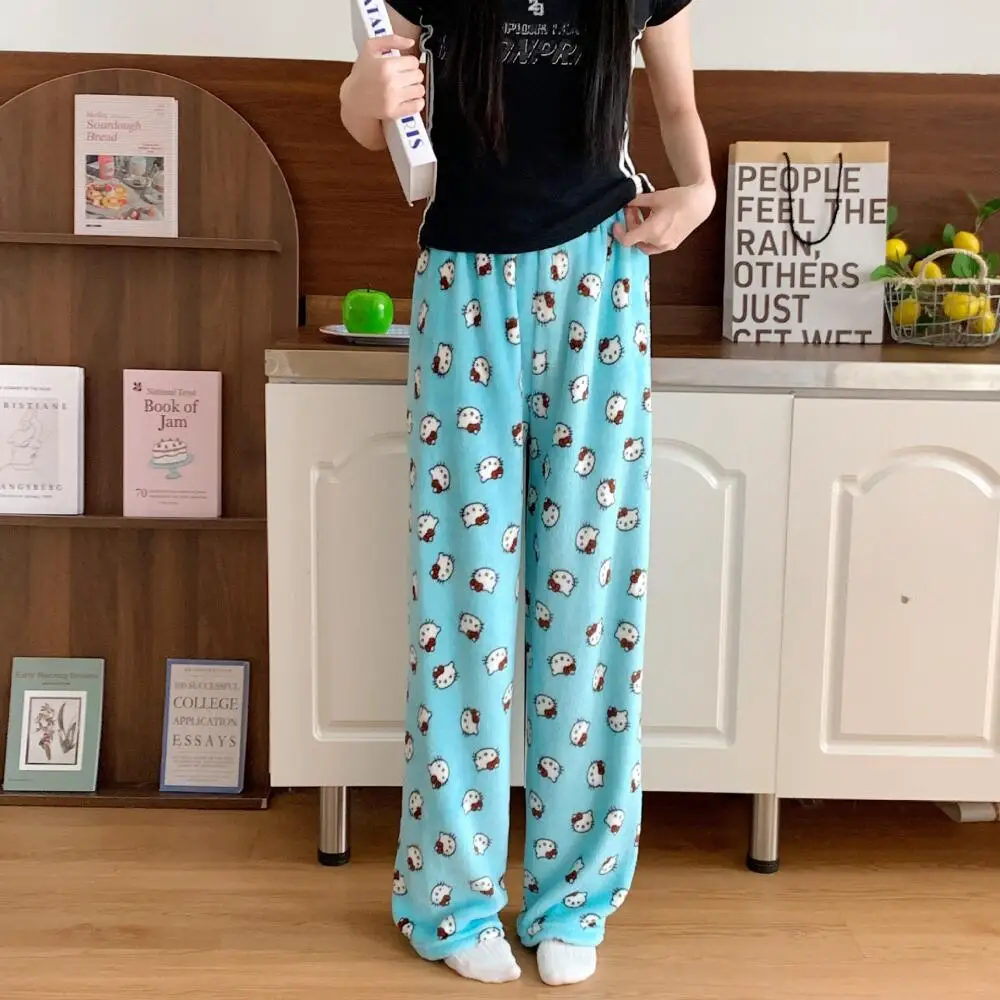 กางเกงนอนผ้าพลัฌน่ารักลายซานริโอ้ คาวาอิ เฮลโล คิตตี้ การ์ตูนอนิเมะ สำหรับผู้หญิง ฤดูหนาว อุ่นสบาย นักเรียน กางเกงนอนหลวมๆ สไตล์ลำลอง กางเกงใส่ในบ้าน
