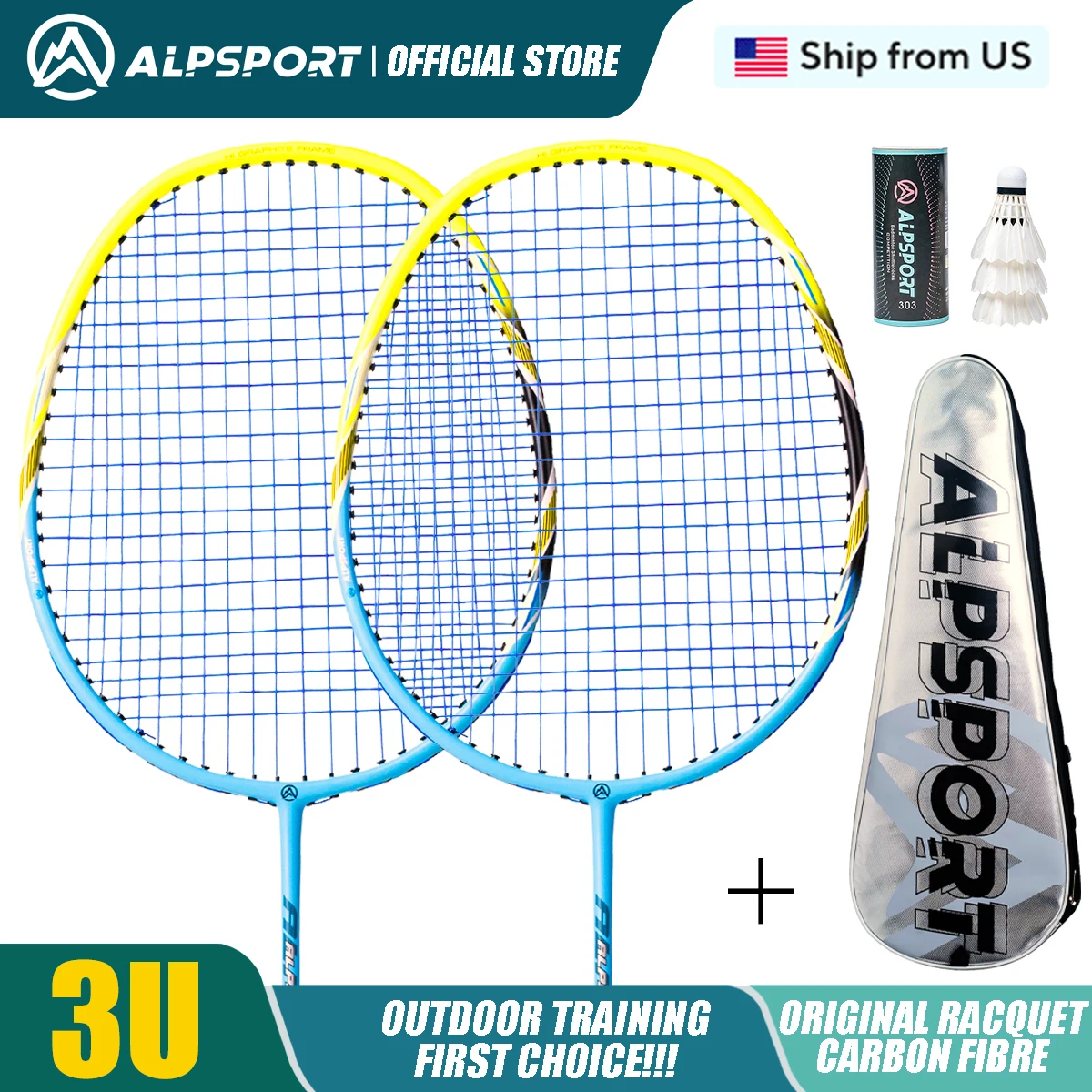 ALPSPORT POWER 2PCS/batch Original Import Badminton Racket T800 Carbon Fiber Free Training Ball US Approved Racket ALP