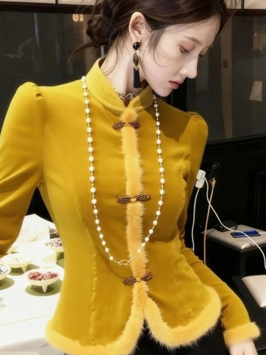 

New Chinese Sle Ginger Yellow Velvet Jaet Winter Unique Beautiful Maturi Waist Cinch Furry ort Top Women's irt