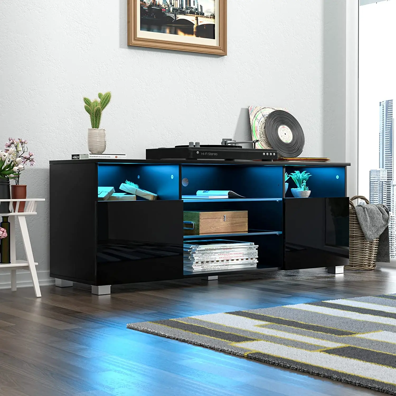 LED TV Stand for 55 inch TV, Modern Entertainment Center with Storage Shelves, High Glossy TV Cabinet for Living Room