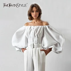 TWOTWINSTYLE Solid Casual Chic Shirt For Women Slash Neck Puff Sleeve Spliced Single Breasted Off Shoulder Elegant Shirt Female