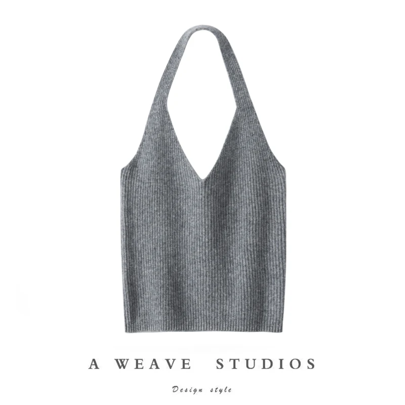 Women's 100% Premium Cashmere Sweater Top V‑Neck Slim Fit Solid Color Halter Cami Minimalist Casual Daily Refreshing Knit Vest