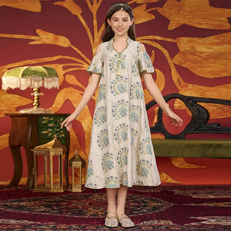 

Ethnic Muslim Kids Girls Embroidery Abaya Short Sleeve Morocco Dress Kaftan Islamic Child Clothes Eid Ramadan Party Arabic Robe