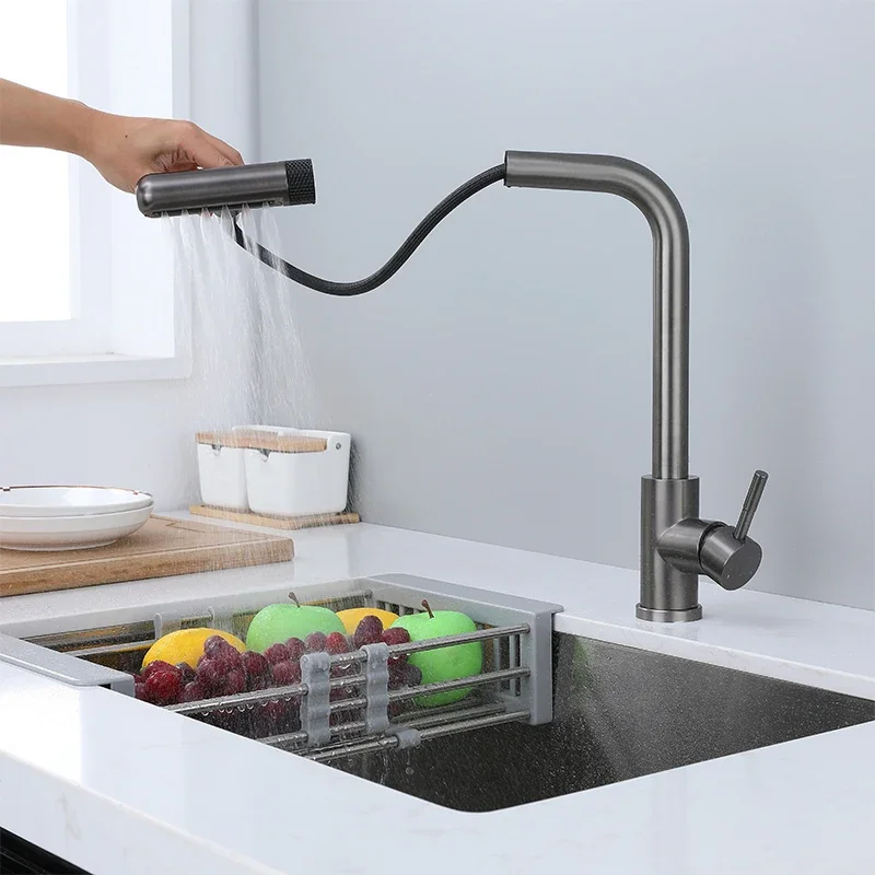 6 Mode Gray Kitchen Faucets Pull Out Rotation Waterfall Black Stream Sprayer Head Sink Mixer Brushed Nickle Water Tap Accessorie