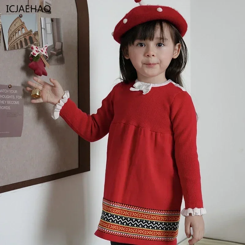 

2025 Sweaters for Children Round Neck Vintage Long Sleeve Kids Dresseses Knitted Red Dress Cute Princess Girl Knitwear Clothes