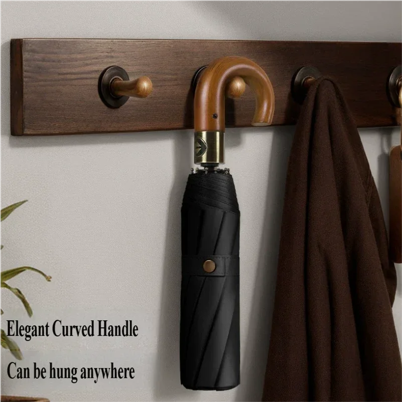 Three-Fold Automatic Folding 10-Rib Solid Wood Curved Handle Color Rubber Umbrella Business Umbrella Neutral Curved Hook Umbrell