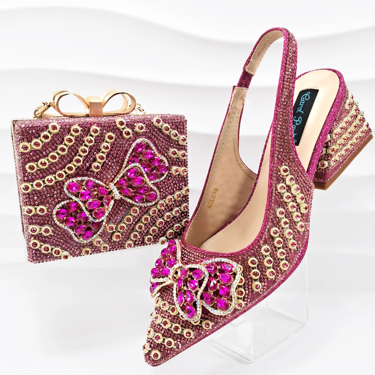 New Nigerian Style Women Block Heels Shoes With Matching Chic Gift-Box Clutch Bag Set Wedding Party Women Shoes