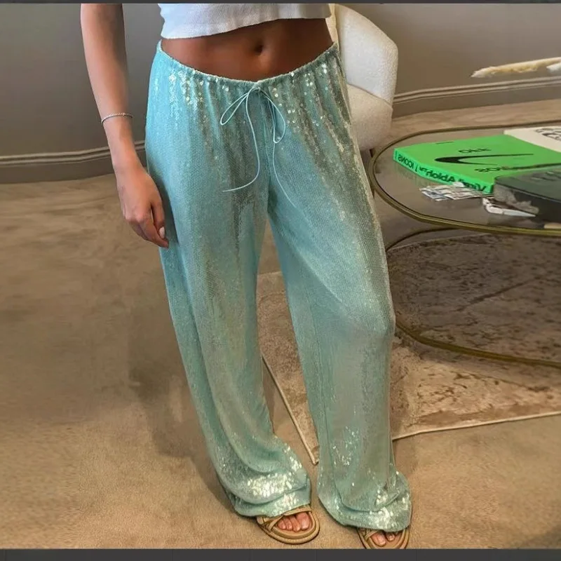 Wide leg pants 2026 European and American new fashion casual pants women's loose sequined slim fit pants