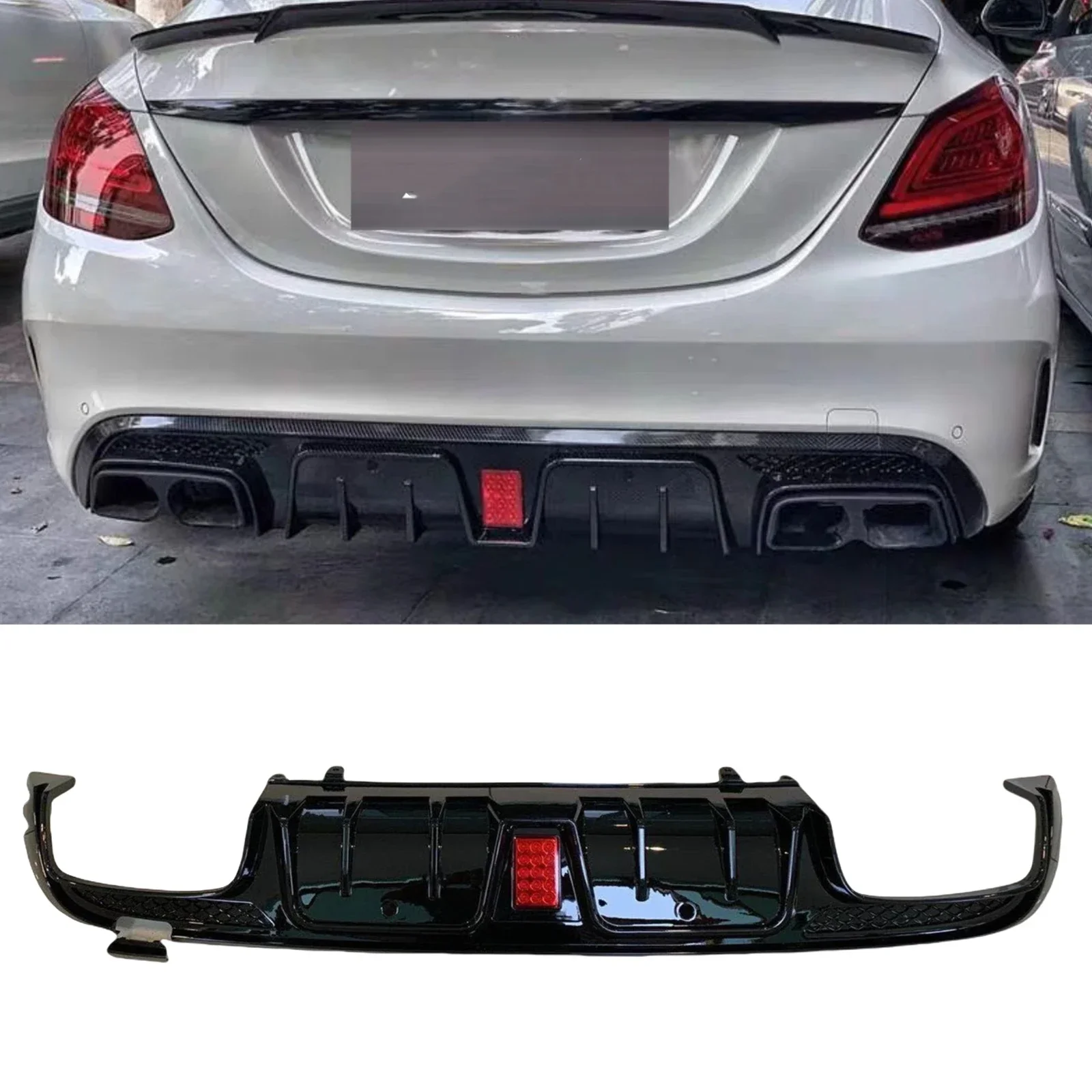 

New！ Rear Bumper Diffuser Lip With Lamp Tail Spoiler Splitter Body Protector For Mercedes Benz W205 C63 AMG 2015-2021 4 Door Sed