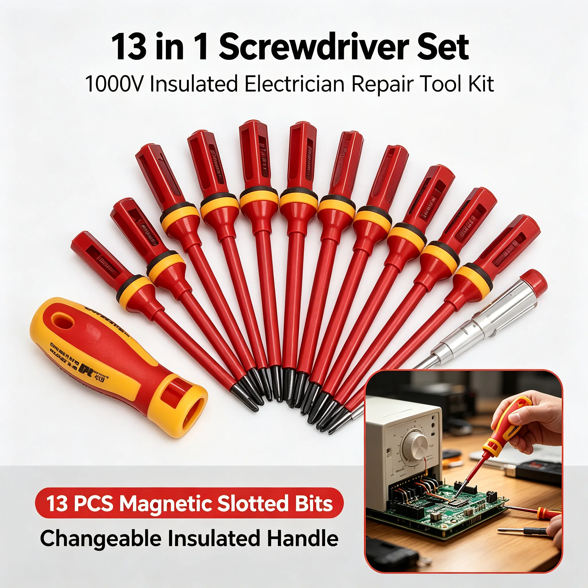 13PCS 1000V Insulated Screwdriver Set, Electrician Repair Tool Kit, Magnetic Slotted Bits, Changeable Insulated Handle
