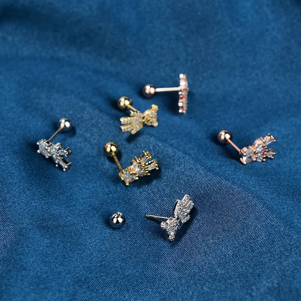 1Pc Stainless Steel Zircon Small Honey Bear Earrings for Women Tiny Flower Animal Studs Helix Piercing Jewelry