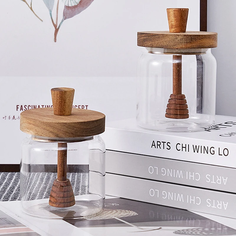 น้ําผึ้ง Jar ขั้นสูง Borosilicate แก้วปิดผนึกถังผสม Rod พร้อมฝาไม้ขวดน้ําผึ้งโปร่งใส