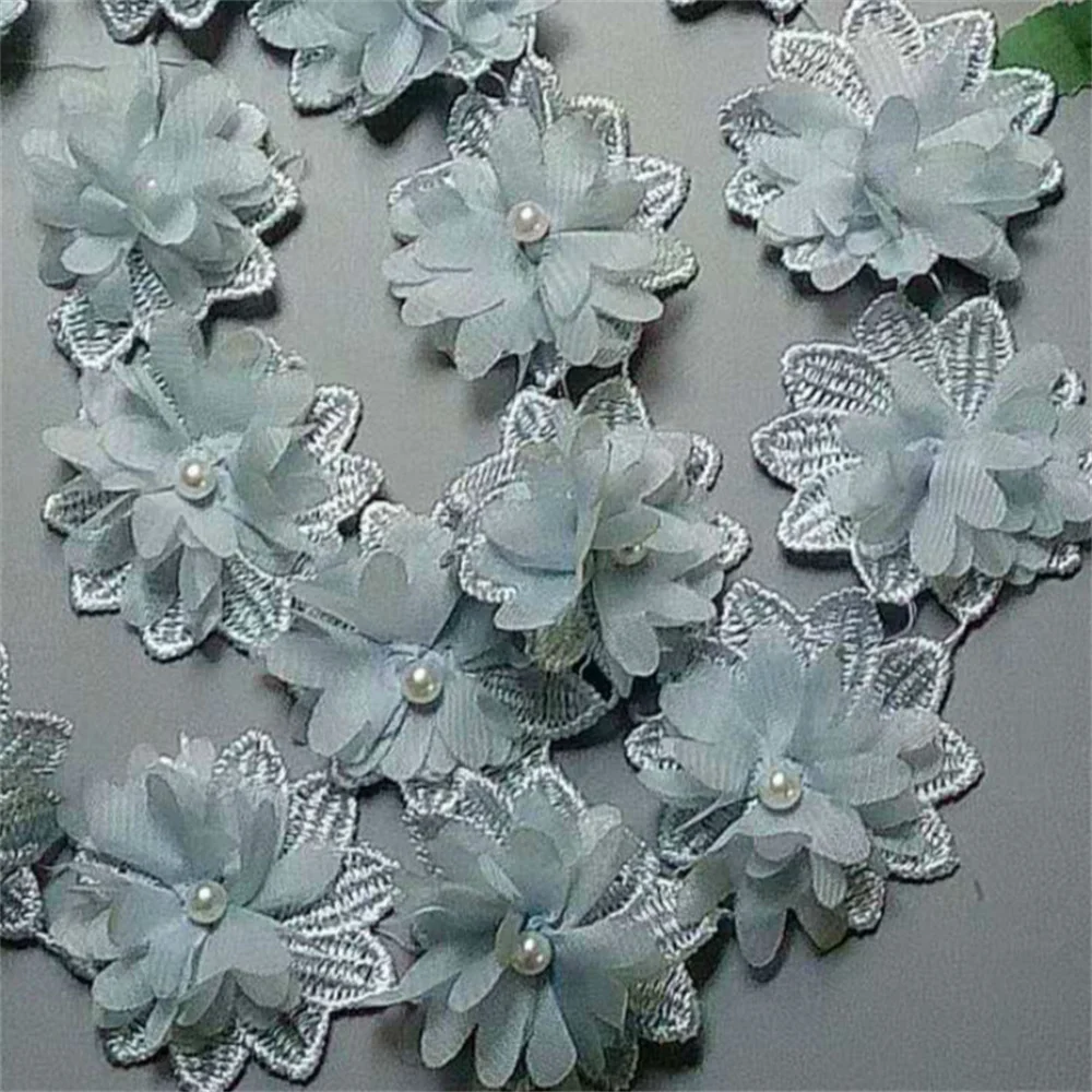 

50x Blue Flower Chiffon Pearl Embroidered Lace Trim Ribbon Fabric Handmade DIY Sewing Craft For Costume Hat Shoes Decoration