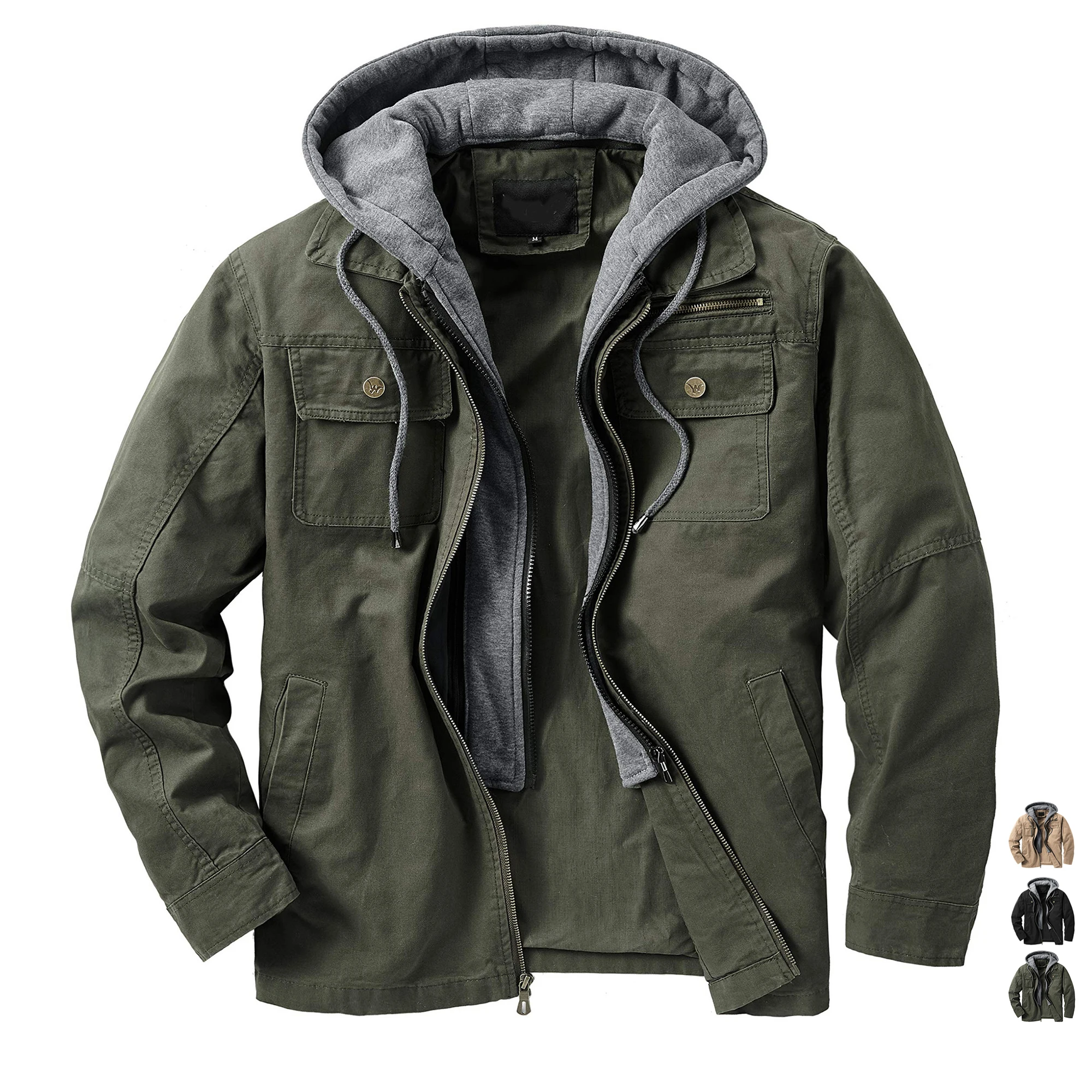 

Men's Canvas Cotton Military Casual Field Jacket Outerwear With Removable Hood Cargo Windbreaker Jacket Multi-Pockets Coats Tops