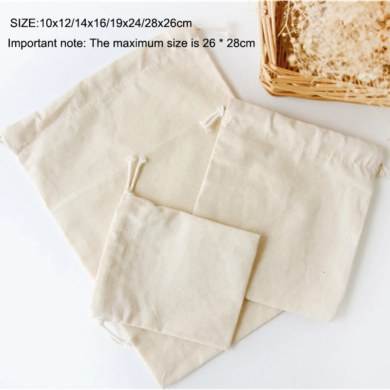 1pcWhite Drawstring Pouches Gift Blank Bags For DIY Cotton Hemp Bags Jewelry Display Packaging Storage 10x12/14x16/19x24/28x26cm